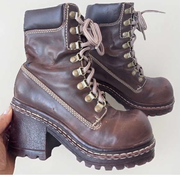 Vintage Shoes - Vintage 90s Y2K SODA Brown Faux Chunky Platform Distressed Lace up moto boot 6.5
